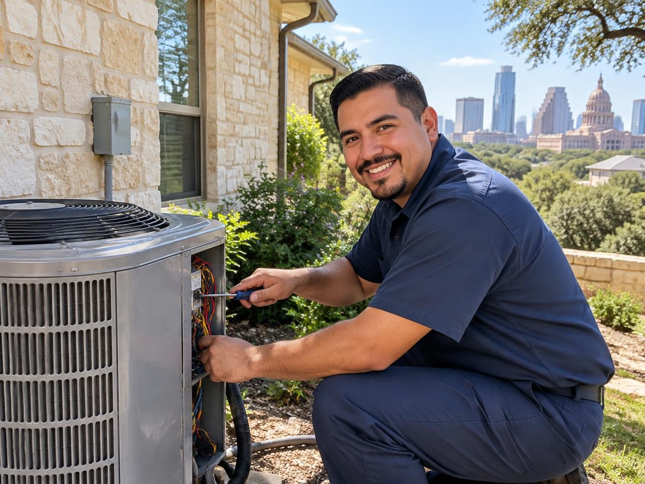 Martinez Brothers technician servicing an AC unit at an Austin home